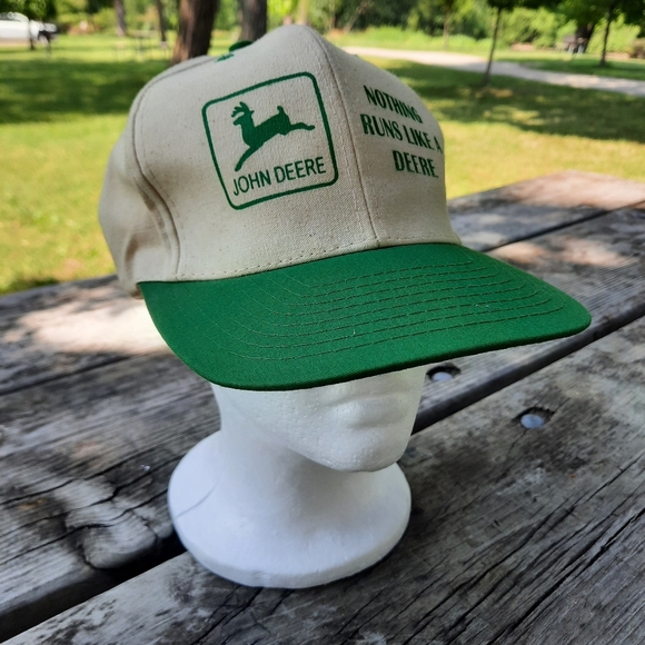 Vintage John Deere Tractor Cream Green Cotton Logo Farmer Snapback Hat OS - Picture 2 of 12